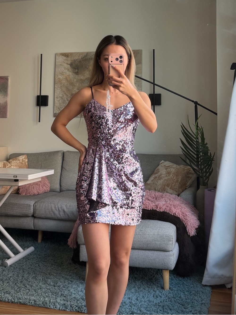 Parker Pink Sequin Mini Dress with Draped Side